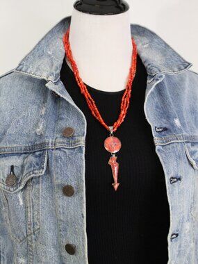 TN Sterling Red Coral / Spiny Oyster Inlay Necklace & Earrings Set Southwestern